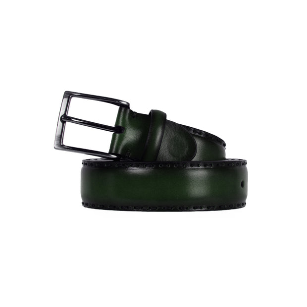 [Made in Italy] Barnns Italian Rustic Hand Stitched Calf Men's Leather Belt (Dark Green)