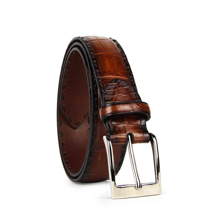 [Made In Italy] Barnns Limited Edition Rafferty Handcrafted Alligator  Leather Pin Buckle Belt (Cognac)